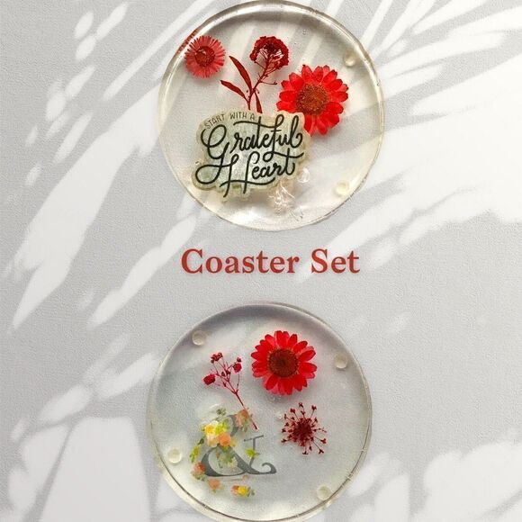 Flower Coasters Red Pink Inspirational “Start With A Grateful Heart” - Picture 1 of 3